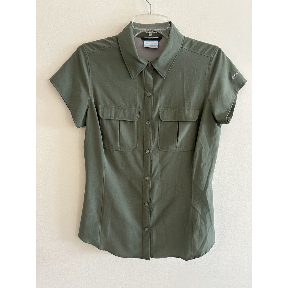 Columbia Omni-Shade Women’s Green Button-Up Shirt Short Sleeve Pockets Size S